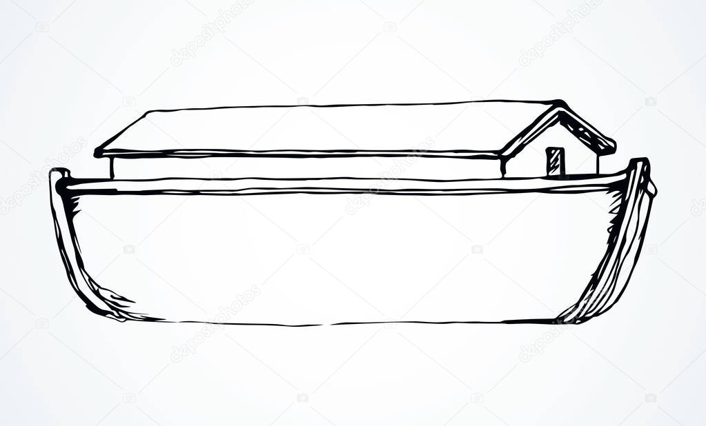 Wood big high cargo line arc isolated on Ararat earth white sky backdrop. Outline black ink hand drawn cute Lord save logotype emblem picture sketch in art archaic doodle style on paper space for text