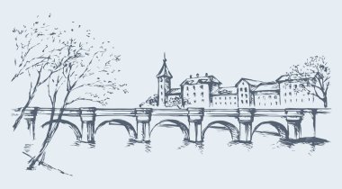 Cityscape Nehri üzerindeki köprü ile. Vektör çizim