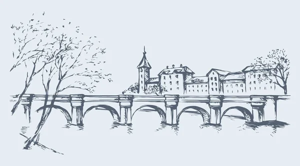 Paesaggio urbano con ponte sul fiume. Disegno vettoriale — Vettoriale Stock