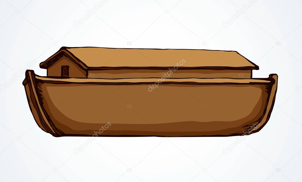 Wood big high cargo line arc isolated on Ararat earth white sky backdrop. Brown color hand drawn cute Lord save logotype emblem picture sketch in art archaic doodle style on paper space for text