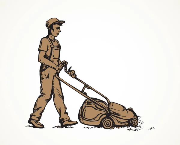 The man mows the grass. Vector drawing — Stock Vector