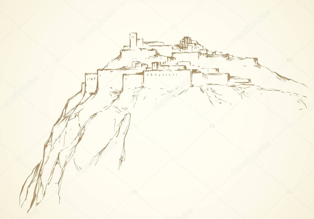 Ancient city on rock. Vector drawing