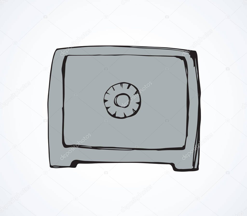Strong safe on white backdrop. Web logo concept. Freehand linear black ink hand drawn emblem sketchy in art retro scribble contour graphic style. View closeup with space for text