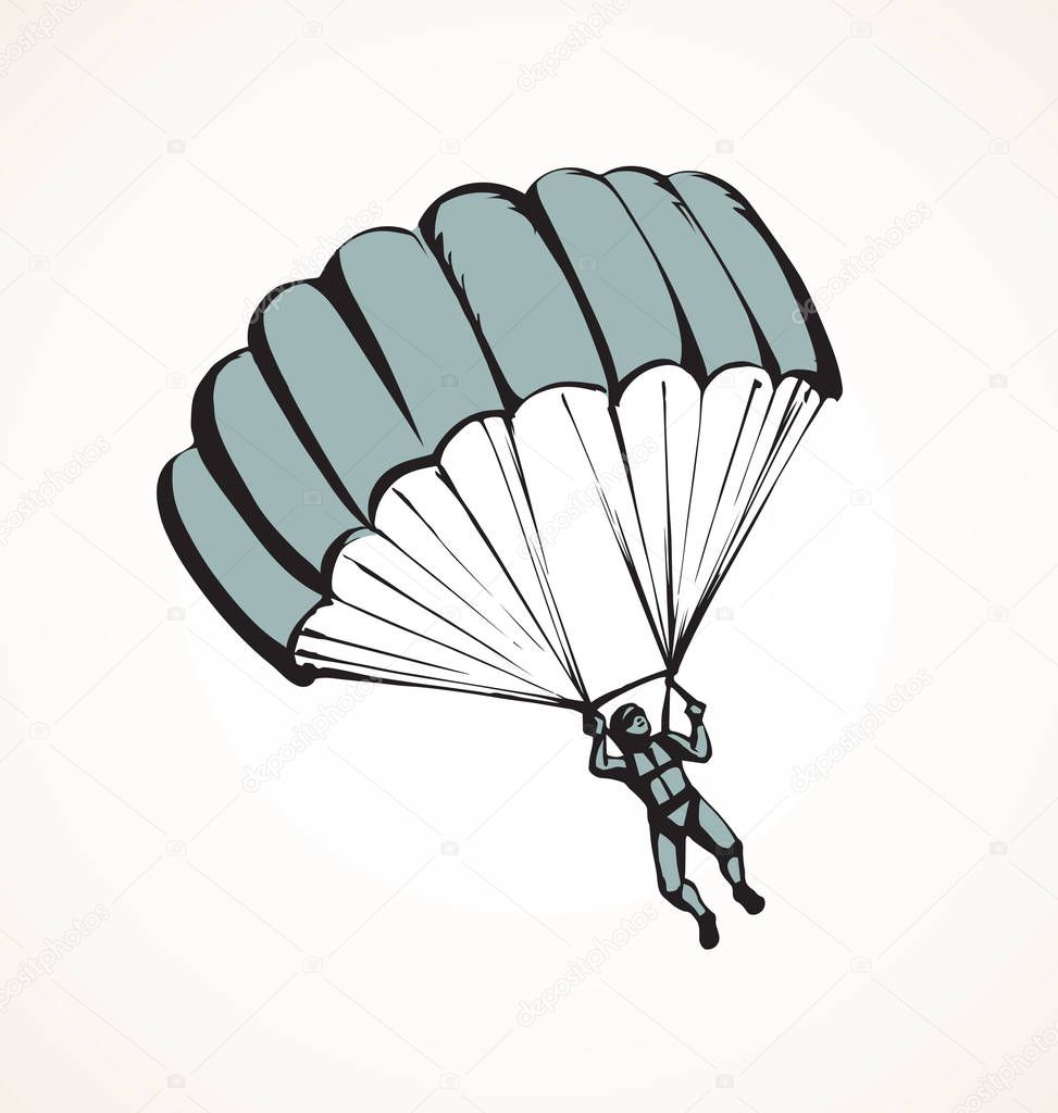 Outfit para descent jumper human figure fall soar on light aerial backdrop. Freehand outline black ink hand drawn logo emblem in art retro scribble contour engrave style pencil on paper space for text