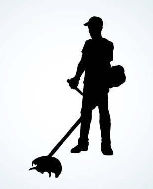 Adam çimenleri çimlerini biçiyor. Vektör çizimi