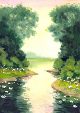 Zambaklı gölet. Suluboya boyama