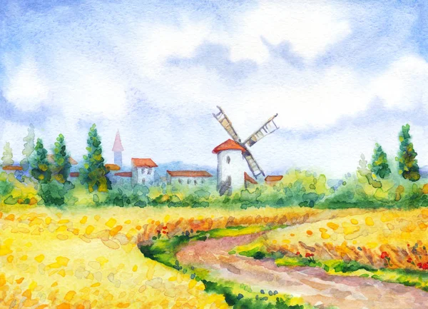 Watercolor landscape. Mill in a wheat field — Stock Photo, Image