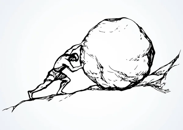 Um homem enrola uma pedra no cimo da colina. Desenho vetorial — Vetor de Stock