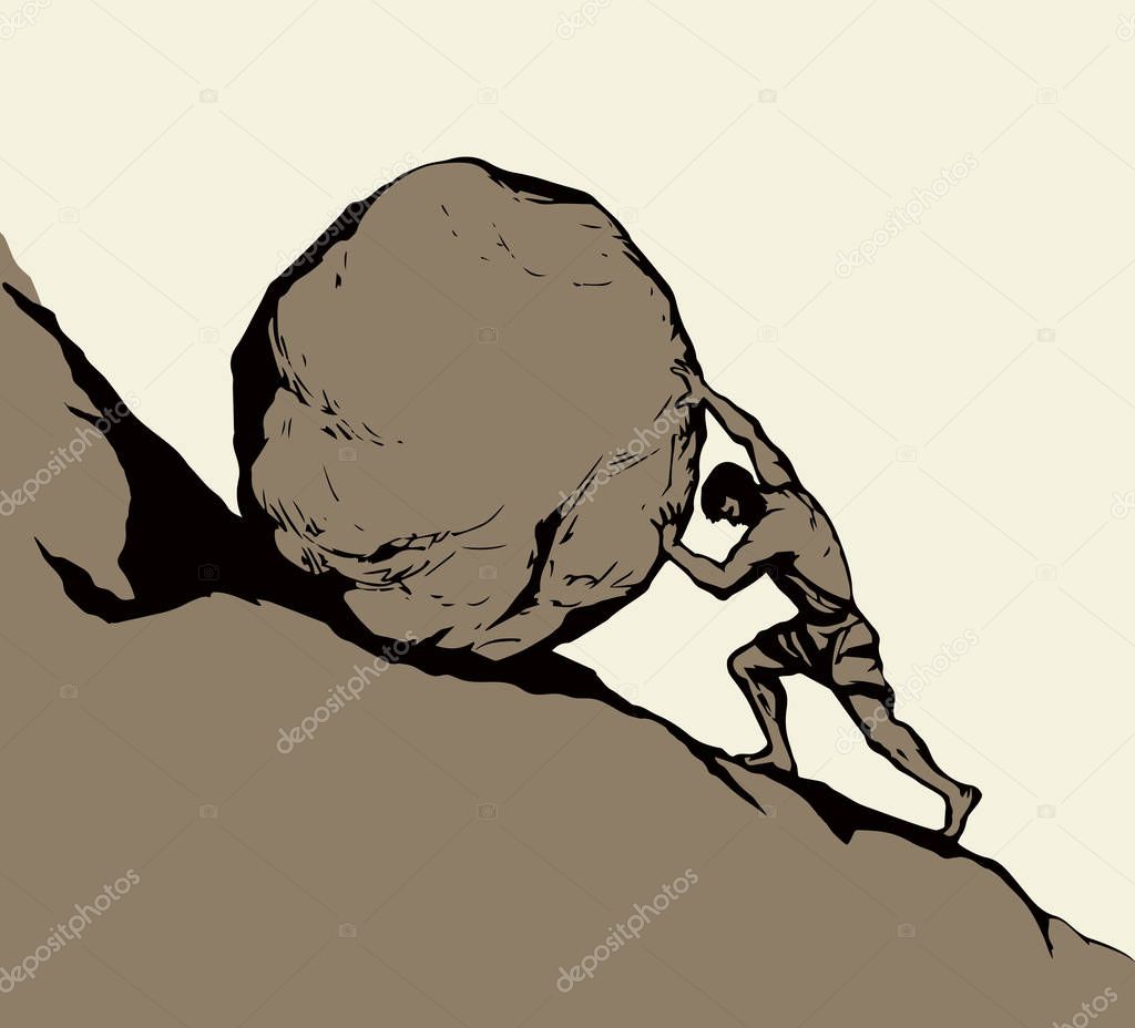 A man rolls a stone up the hill. Vector drawing