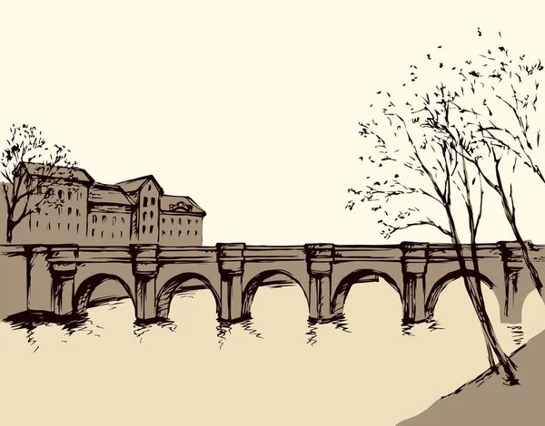 Panoráma města s mostem přes řeku. Vektorové kreslení — Stockový vektor