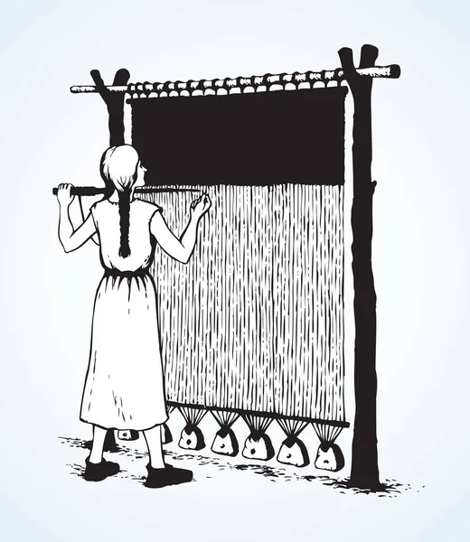 Vektor ilustrasi. Wanita tenun di tenun kuno - Stok Vektor