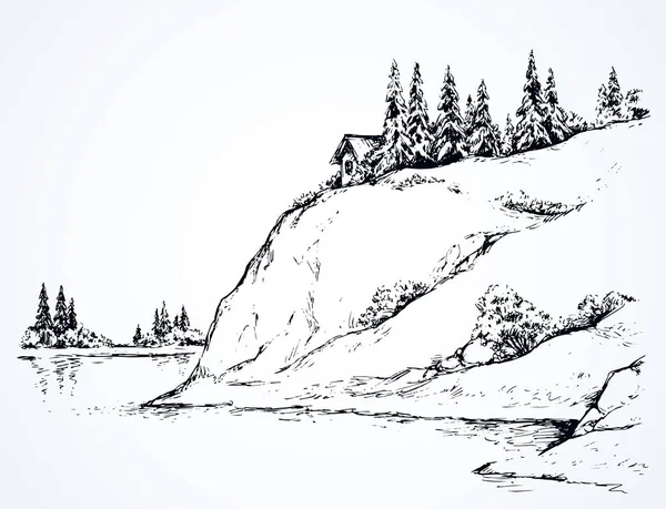 Firs en la colina sobre el río. Dibujo vectorial — Archivo Imágenes Vectoriales