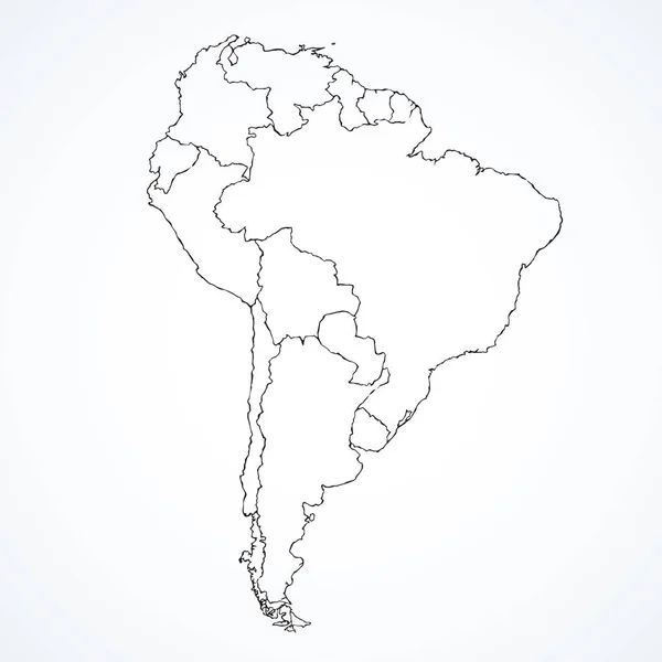 Continente da América do Sul com contornos de países. Vector drawi — Vetor de Stock