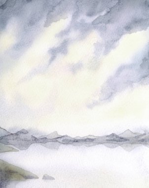 Suluboya manzara. Gölün üzerinde gökyüzünde bulutlar