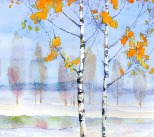 Betulla in campo invernale. Pittura ad acquerello — Foto Stock