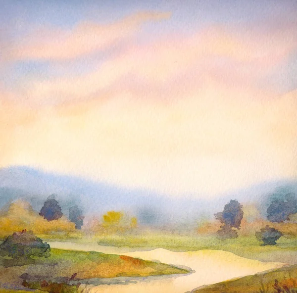 Watercolor landscape. Sunset over the river — Stock Photo, Image