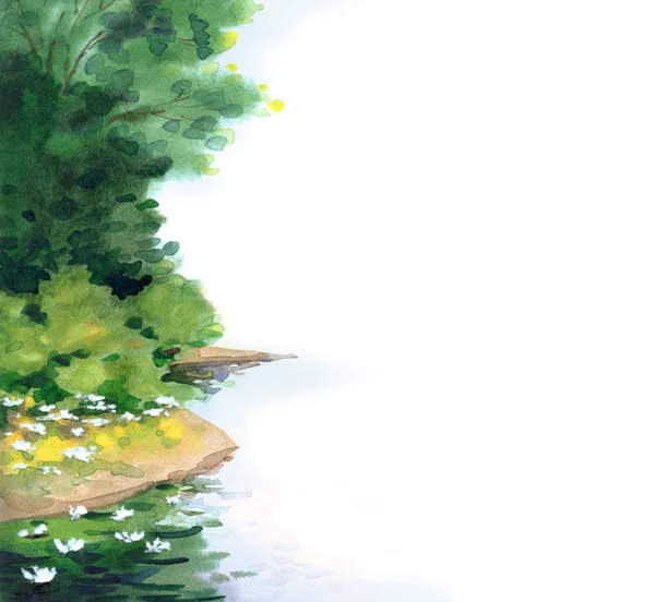 Pond with lilies. Watercolor painting