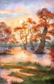 Картина, постер, плакат, фотообои "watercolor landscape. spring flooding river", артикул 283558116