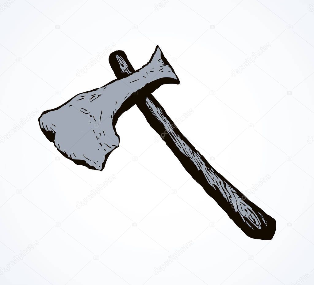 Aged tribal copper ax on white backdrop. Freehand outline black ink hand drawn polearm heritage logo emblem pictogram sketchy in doodle art archaic etch style pen on paper space for text. Closeup view