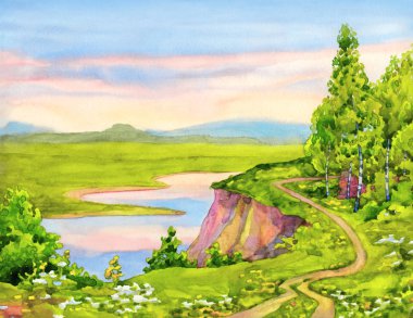 Suluboya manzara. L dik bir kıyısında genç huş ağaçları