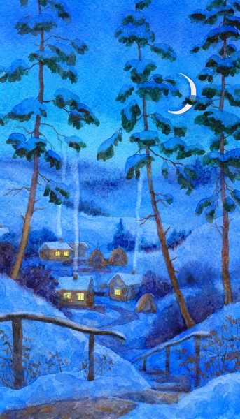 Noite na aldeia de inverno — Fotografia de Stock