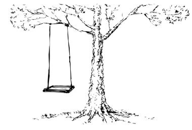 Vektör Çizimi. Eski meşe ağacında salıncak