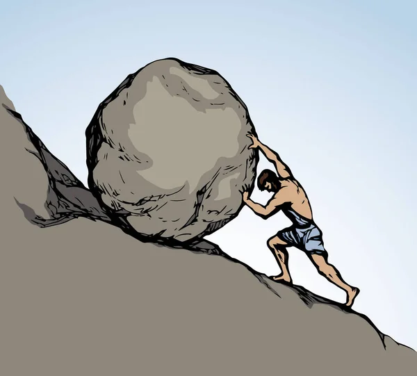 En man rullar en sten upp på kullen. Vektorritning — Stock vektor