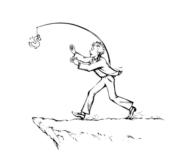 Un homme pourchassant de l'argent sur un précipice. Dessin vectoriel — Image vectorielle