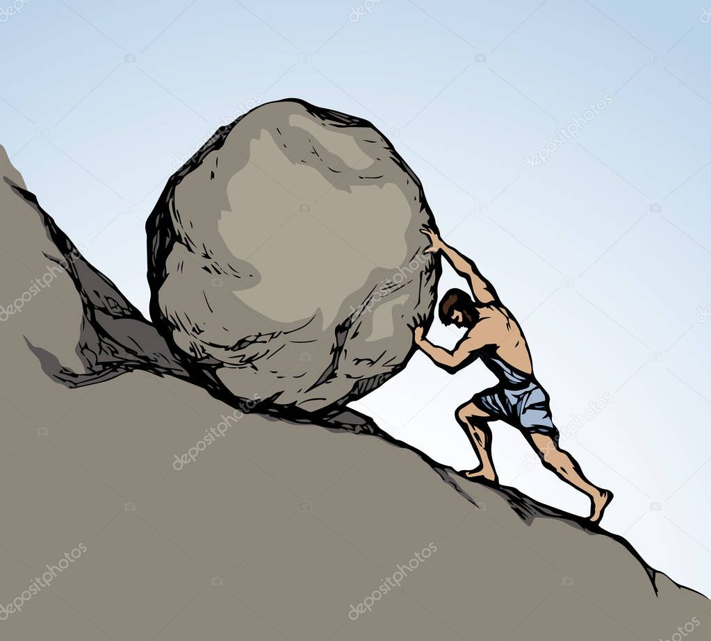 A man rolls a stone up the hill. Vector drawing