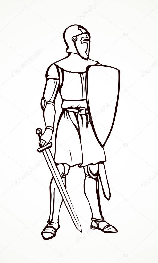 Brave aged noble roman king hero stand on white background. Outline black ink hand drawn past human strong centurion sign. Line steel broadsword saber blade force logo in art engraved cartoon style