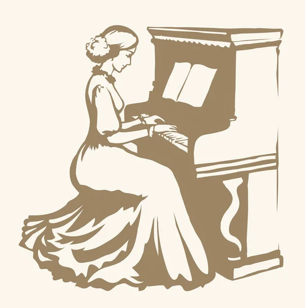 Gadis itu bermain piano. Gambar vektor - Stok Vektor