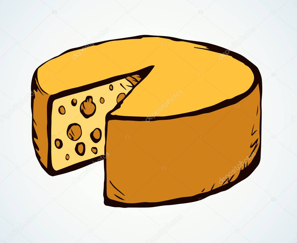 Tasty healthy fat dutch brie segment on light backdrop. Freehand outline black ink hand drawn french chees emblem design in retro art doodle engrave print style pen on paper text space. Closeup view
