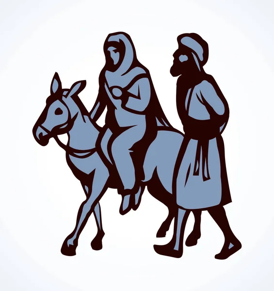 Jozef en Maria gaan naar Bethlehem. Vector tekening — Stockvector