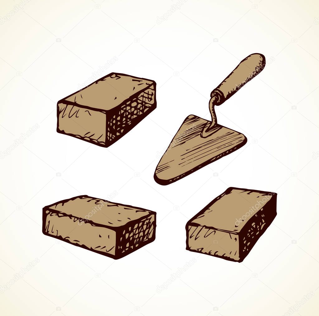 Old built metal shovel on white parget wall backdrop. Freehand black line hand drawn build stucco darby ladle object logo emblem pictogram in retro art doodle cartoon graphic style on space for text