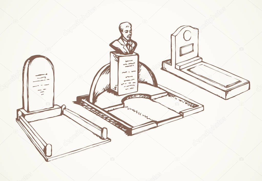 Aged grunge cemetary head site wall design object view on white yard backdrop. Line dark black hand drawn creepy funer grief spirit logo emblem in retro art doodle style pen on paper space for text