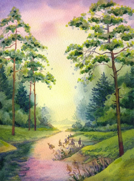 水彩画の風景。森の中のストリーム — ストック写真