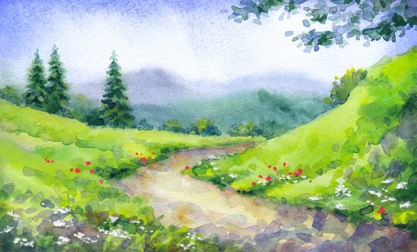Watercolor landscape. Mountain path among fir trees Royalty Free Stock Photos