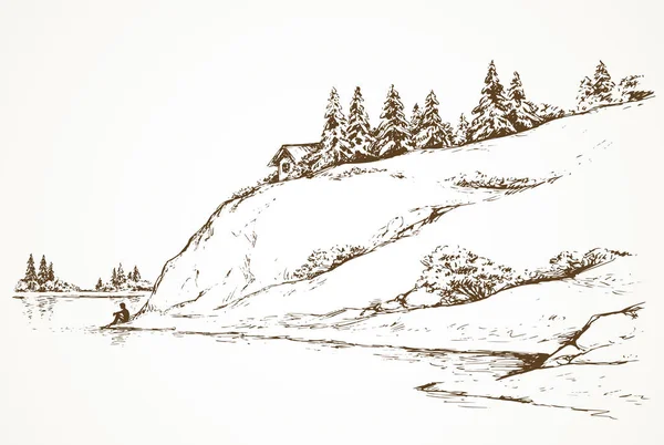 Des sapins sur une colline au-dessus de la rivière. Dessin vectoriel — Image vectorielle