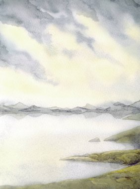 Suluboya manzara. Gölün üzerinde gökyüzünde bulutlar