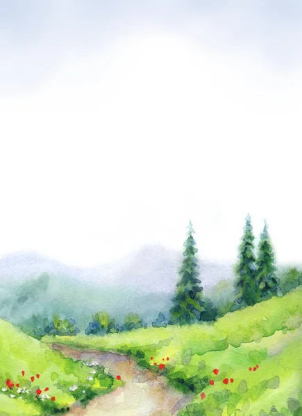 Watercolor landscape. Mountain path among fir trees Stock Photo