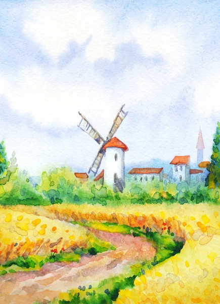 Watercolor landscape. Summer meadow near the barn — Stock Photo, Image