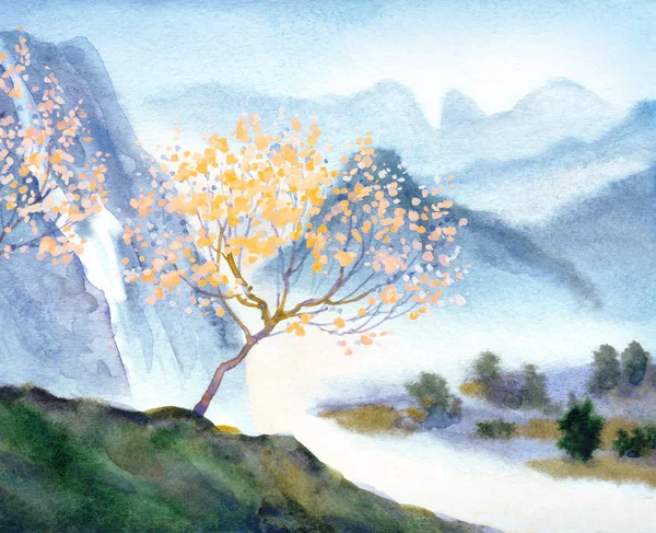 Albero vicino a un torrente di montagna. Paesaggio acquerello — Foto Stock