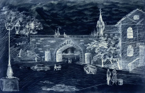 Ancient downtown scenic view. Pencil art