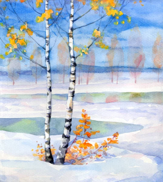 Abedul en el campo de invierno. Pintura acuarela —  Fotos de Stock