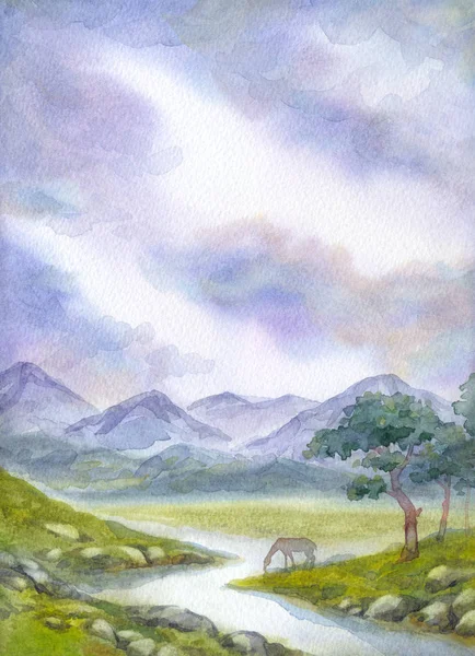 Watercolor landscape. A horse drinks from a mountain stream