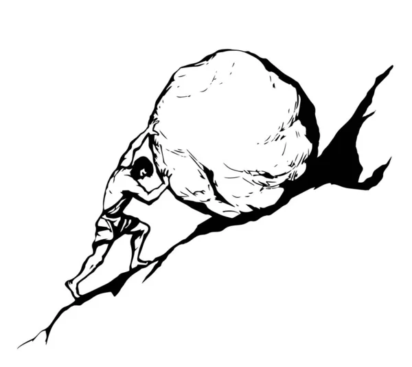 Bir adam tepeye bir taş yuvarlar. Vektör çizimi — Stok Vektör