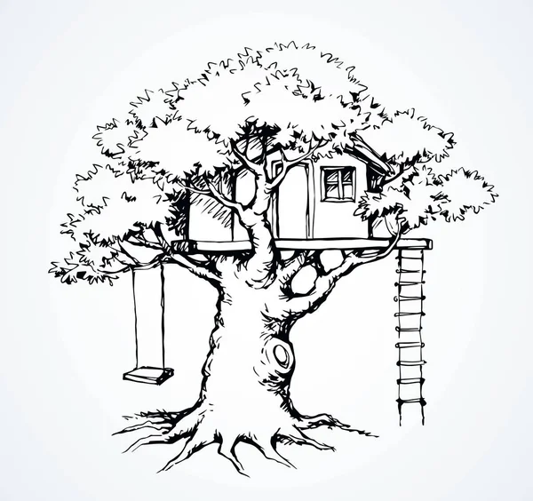 Wooden tree house. Vector drawing — Stock Vector