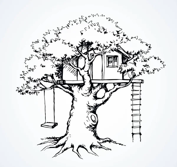 Wooden tree house. Vector drawing — Stock Illustration Wooden tree house. Vector drawing Stock Illustration