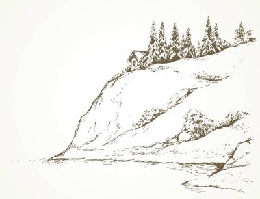 Firs nehir yukarıda tepede. Vektör çizim