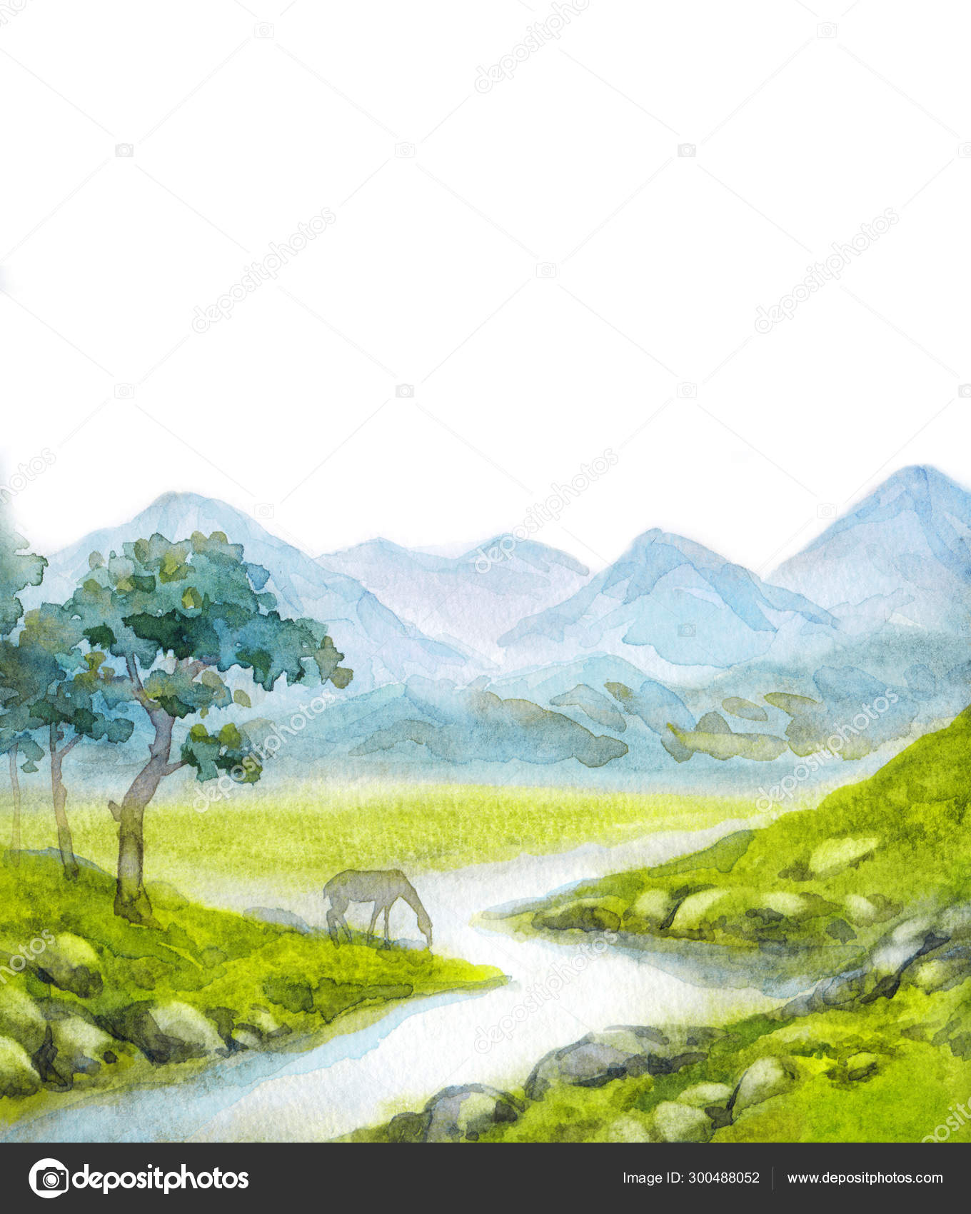 Watercolor Landscape A Horse Drinks From A Mountain Stream Stock Photo Image By C Marinka 300488052